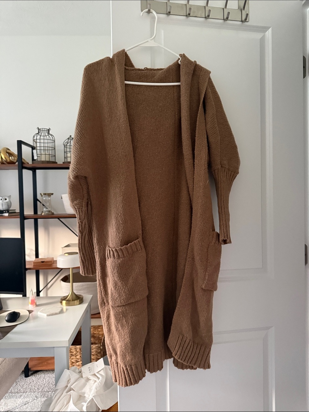 Amazon Women's Open-Front Long Hooded Cardigan in Brown